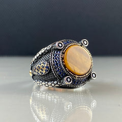 Brown Tiger Eye Stone 925 Sterling Silver Men Classic Ring