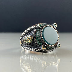 Round Green Agate Stone 925 Sterling Silver Men Ring