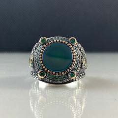 Round Green Agate Stone 925 Sterling Silver Men Ring