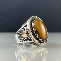 Brown Color Tiger Eye Stone 925 Sterling Silver Men Handmade Ring