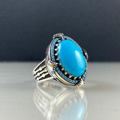 Oval Turquoise Stone 925 Sterling Silver Men Handmade Ring