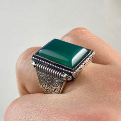 Green Agate Hand Engraved 925 Sterling Silver Men Ring