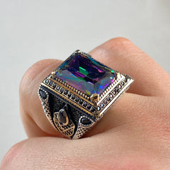 Mystic Topaz Stone 925 Solid Silver Men Ring