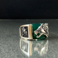 Agate Gemstone Lion Animal 925 Sterling Silver Ring