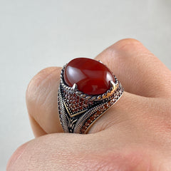 Red Agate Gemstone 925 Sterling Silver Men Ring