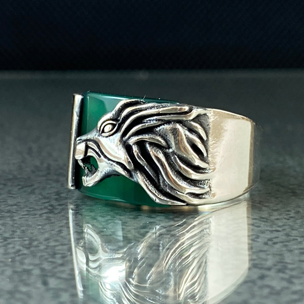 Agate Gemstone Lion Animal 925 Sterling Silver Ring