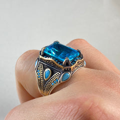 Blue Aquamarine Stone 925 Sterling Silver Men Ring