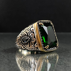 Green Emerald Gemstone 925 Sterling Silver Men Ring