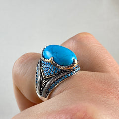 Oval Turquoise Men 925 Sterling Silver Handmade Ring