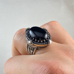 Oval Black Onyx Gemstone 925 Solid Silver Ring