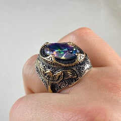 Large Mystic Topaz Gemstone 925 Sterling Silver Men Ring