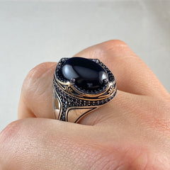 Oval Black Onyx Gemstone 925 Sterling Silver Ring