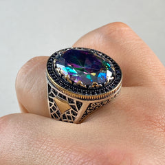 Large Stone Mystic Topaz 925 Sterling Silver Men Handmade Ring