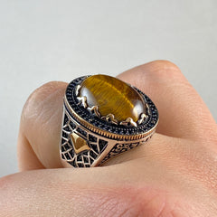 Brown Color Tiger Eye Stone 925 Sterling Silver Men Handmade Ring