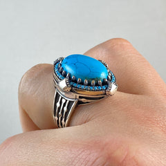 Oval Turquoise Stone 925 Sterling Silver Men Handmade Ring