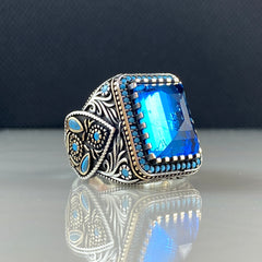 Aquamarine Stone 925 Sterling Silver Men Handmade Ring