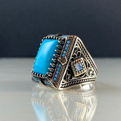 Turquoise Blue Color Large 925 Solid Silver Handmade Men Ring