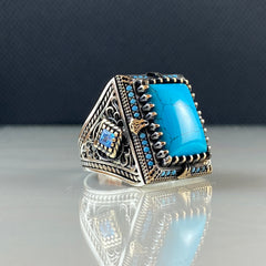 Turquoise Blue Color Large 925 Solid Silver Handmade Men Ring