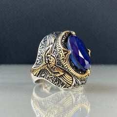 Sapphire Stone Blue Color 925 Sterling Silver Men Large Ring