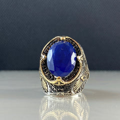 Sapphire Stone Blue Color 925 Sterling Silver Men Large Ring