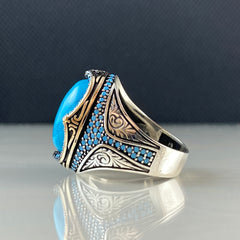 Oval Turquoise Stone 925 Sterling Silver Men Ring