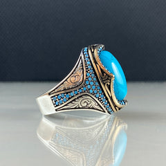 Oval Turquoise Stone 925 Sterling Silver Men Ring