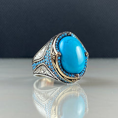 Oval Turquoise Stone 925 Sterling Silver Men Ring