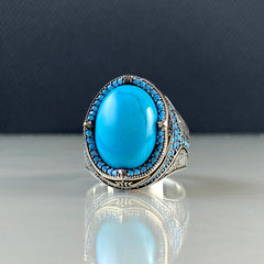 Oval Turquoise Stone 925 Sterling Silver Men Ring