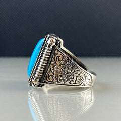 Hand Engraved Turquoise Stone 925 Sterling Silver Handmade Ring