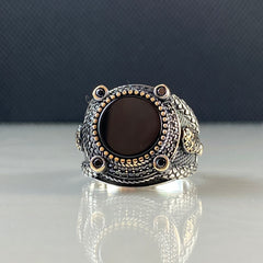 Round Black Onyx Stone 925 Sterling Silver Handmade Ring