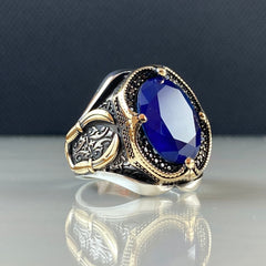 Oval Sapphire Stone 925 Sterling Silver Large Ring