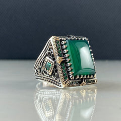 Green Agate Stone 925 Solid Silver Men Ring