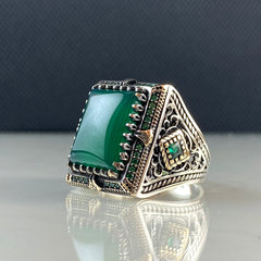 Green Agate Stone 925 Solid Silver Men Ring