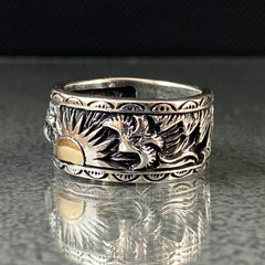 925K Silver Celestial Sun Unique Signet Ring , Silver Dainty Sunrise Ring