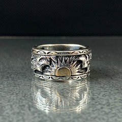 925K Silver Celestial Sun Unique Signet Ring , Silver Dainty Sunrise Ring