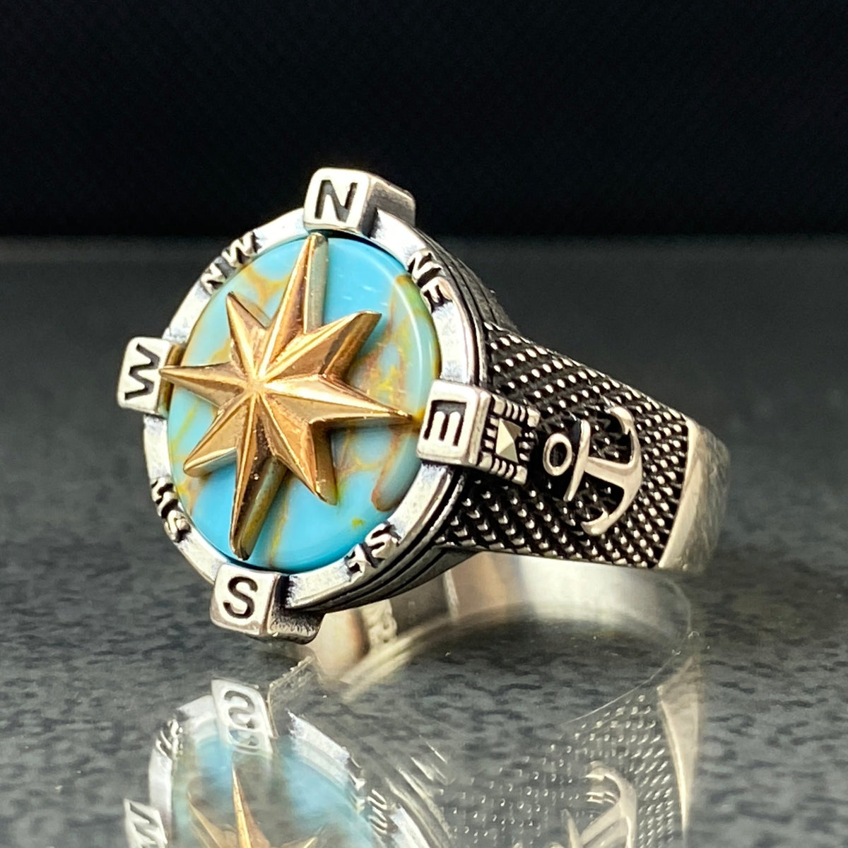 Compass 925 Solid Silver Ring with Turquoise Stone