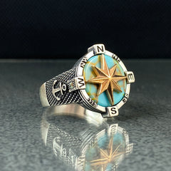 Compass 925 Solid Silver Ring with Turquoise Stone