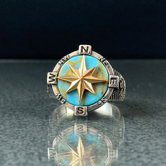 Compass 925 Solid Silver Ring with Turquoise Stone