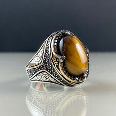 Oval Brown Tiger Eye Stone 925 Sterling Silver Men Handmade Ring