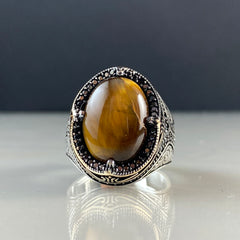 Oval Brown Tiger Eye Stone 925 Sterling Silver Men Handmade Ring