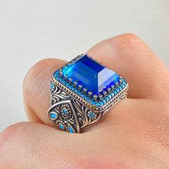 Aquamarine Stone 925 Sterling Silver Men Handmade Ring