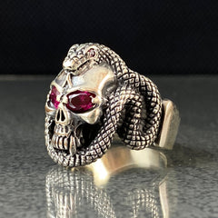 Red Eyes Skull 925 Solid Silver Men Ring, Gift Jewelry For Biker