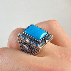 Turquoise Blue Color Large 925 Solid Silver Handmade Men Ring