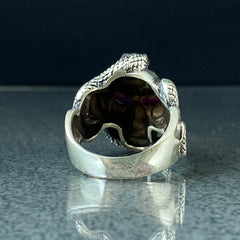 Red Eyes Skull 925 Solid Silver Men Ring, Gift Jewelry For Biker