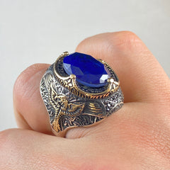 Sapphire Stone Blue Color 925 Sterling Silver Men Large Ring