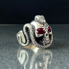 Red Eyes Skull 925 Solid Silver Men Ring, Gift Jewelry For Biker