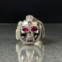 Red Eyes Skull 925 Solid Silver Men Ring, Gift Jewelry For Biker