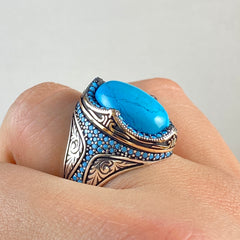 Oval Turquoise Stone 925 Sterling Silver Men Ring