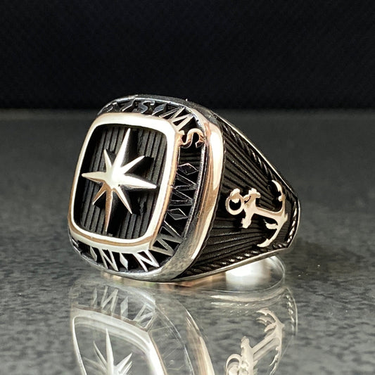 Simple Compass 925 Solid Silver Men Ring, Gift Jewelry For Sailor