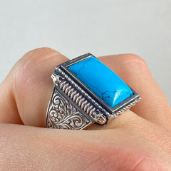 Hand Engraved Turquoise Stone 925 Sterling Silver Handmade Ring